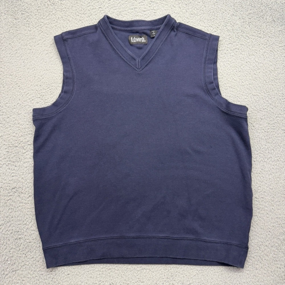 Ashworth 104 Mens Large Sleeveless V-Neck Blue Cotton Sweater Vest AM 5120BSB